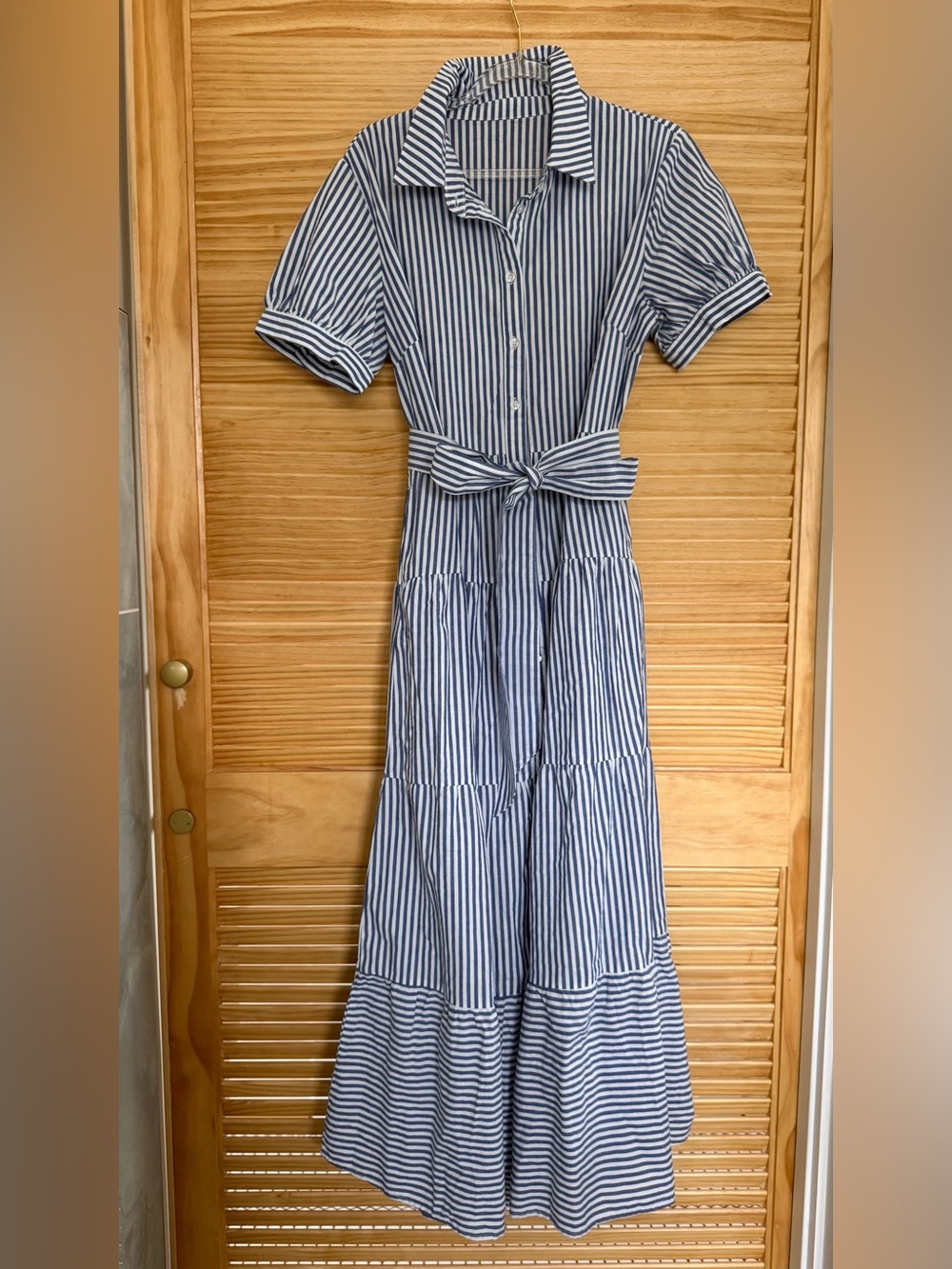 NWT Blue and White Striped Button-Front Maxi Dress with Tie Waist